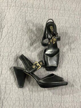Franco Sarto Heels Black Leather 9 Tapered Block Heel Slingback Sandals Peep Toe